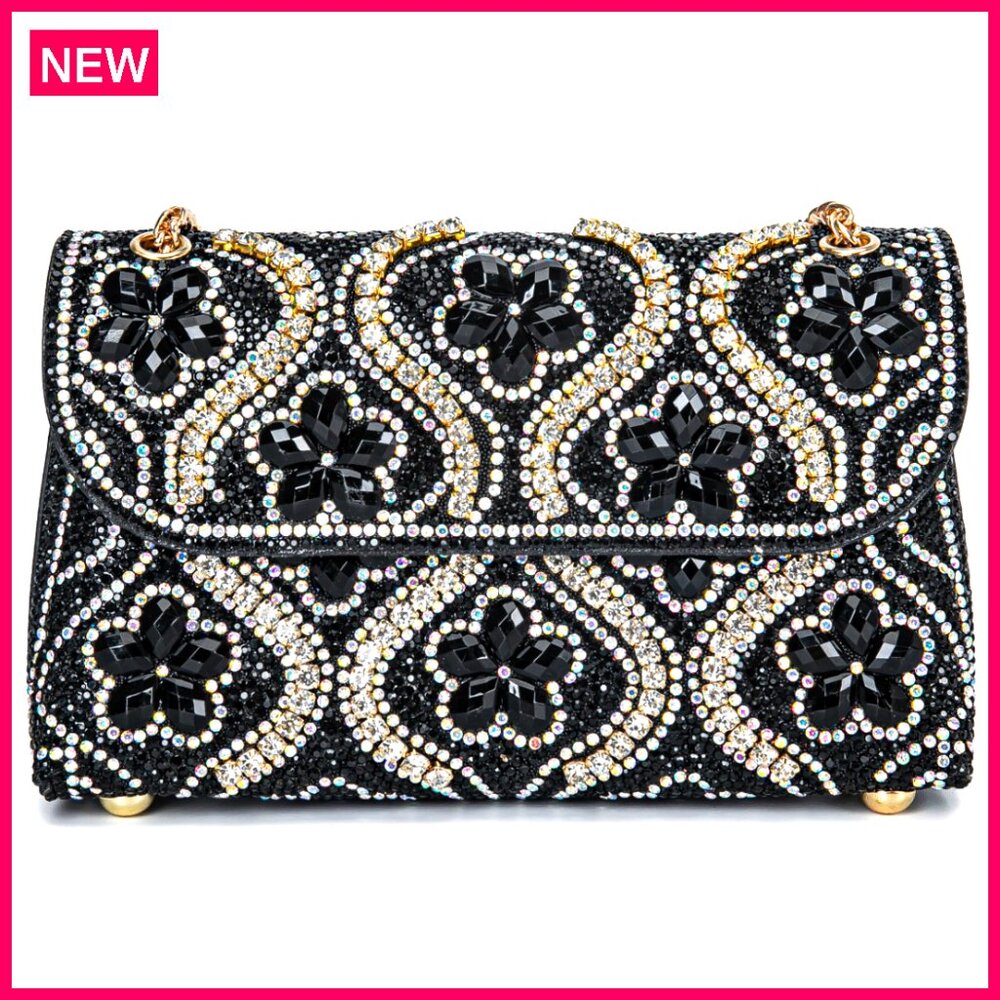 Black Crystal-Embellished Evening Clutch with Gold Accents